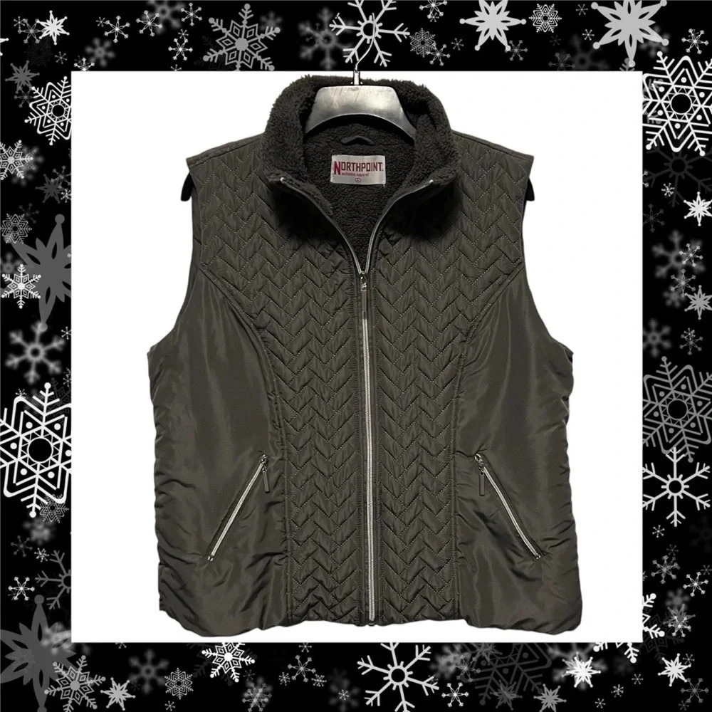Women’s Gray Quilted Vest Size Large Northpoint Fleece Lined Fall Winter Perfect